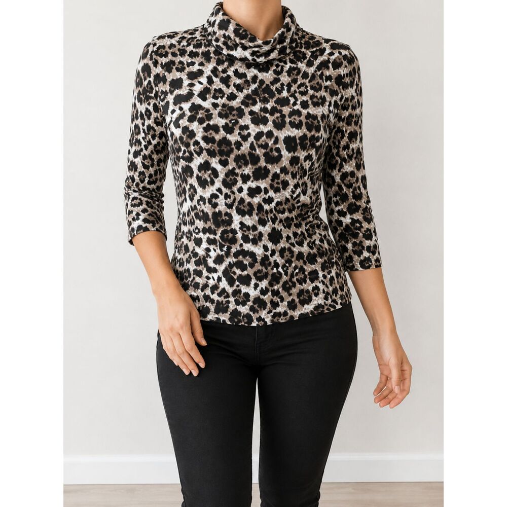 Preston & York Leopard Print Turtleneck Blouse Women's Large 3/4 Sleeve Top